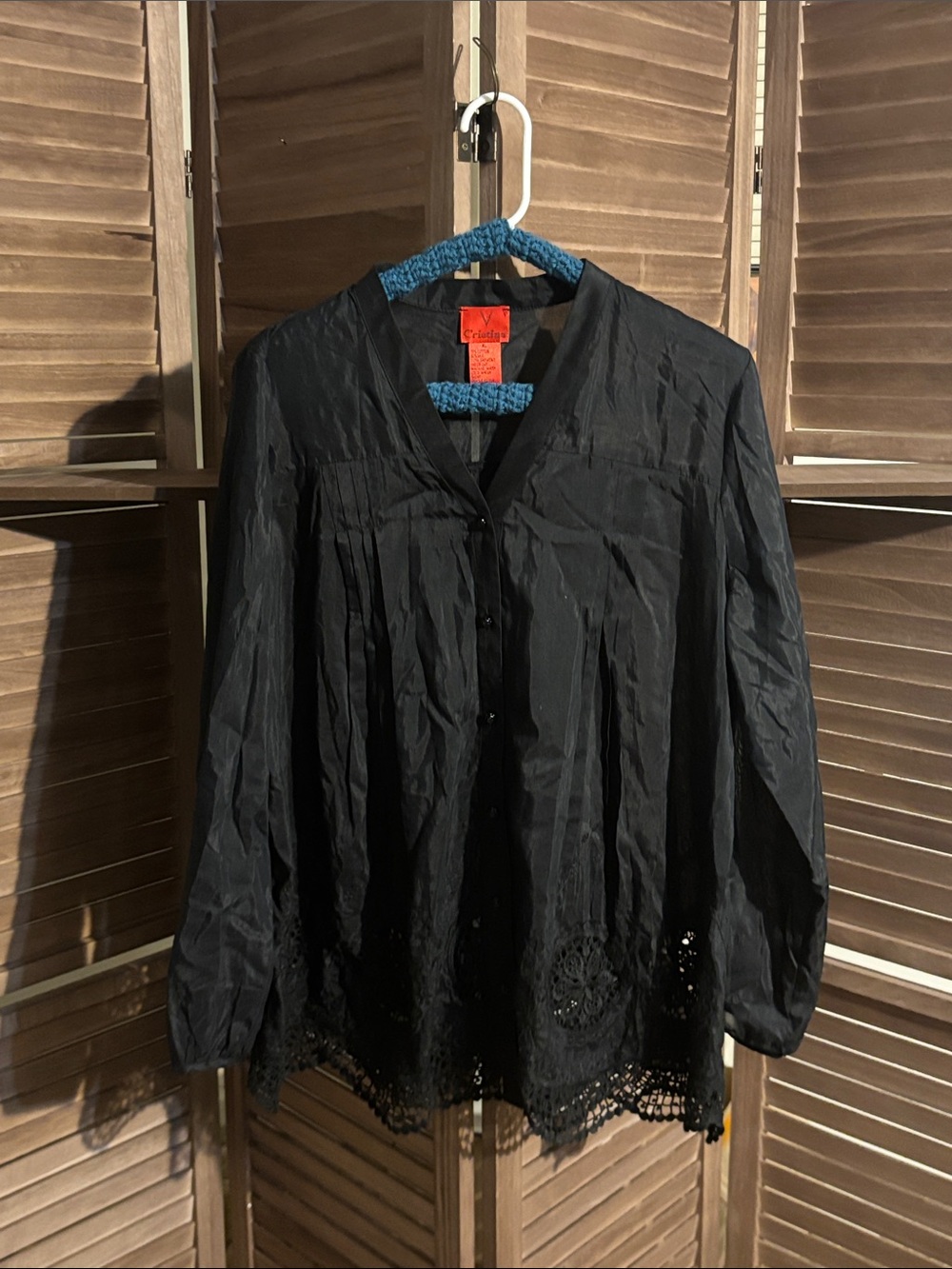 Black Women's Button-Front Shirt with Lace Hem